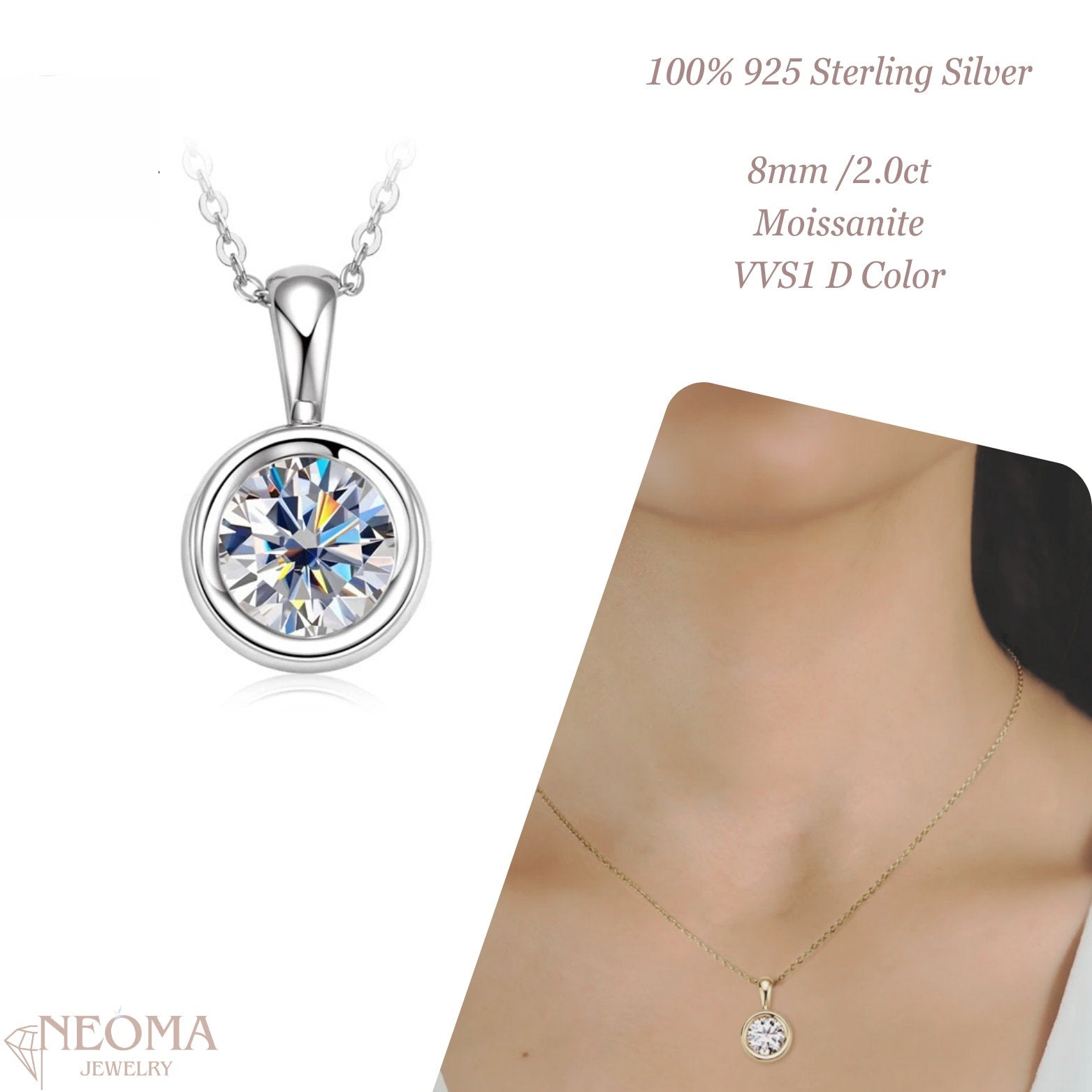 2 Ct Round Cut Moissanite Bezel Solitaire Pendant Necklace - SETUxNEOMA  