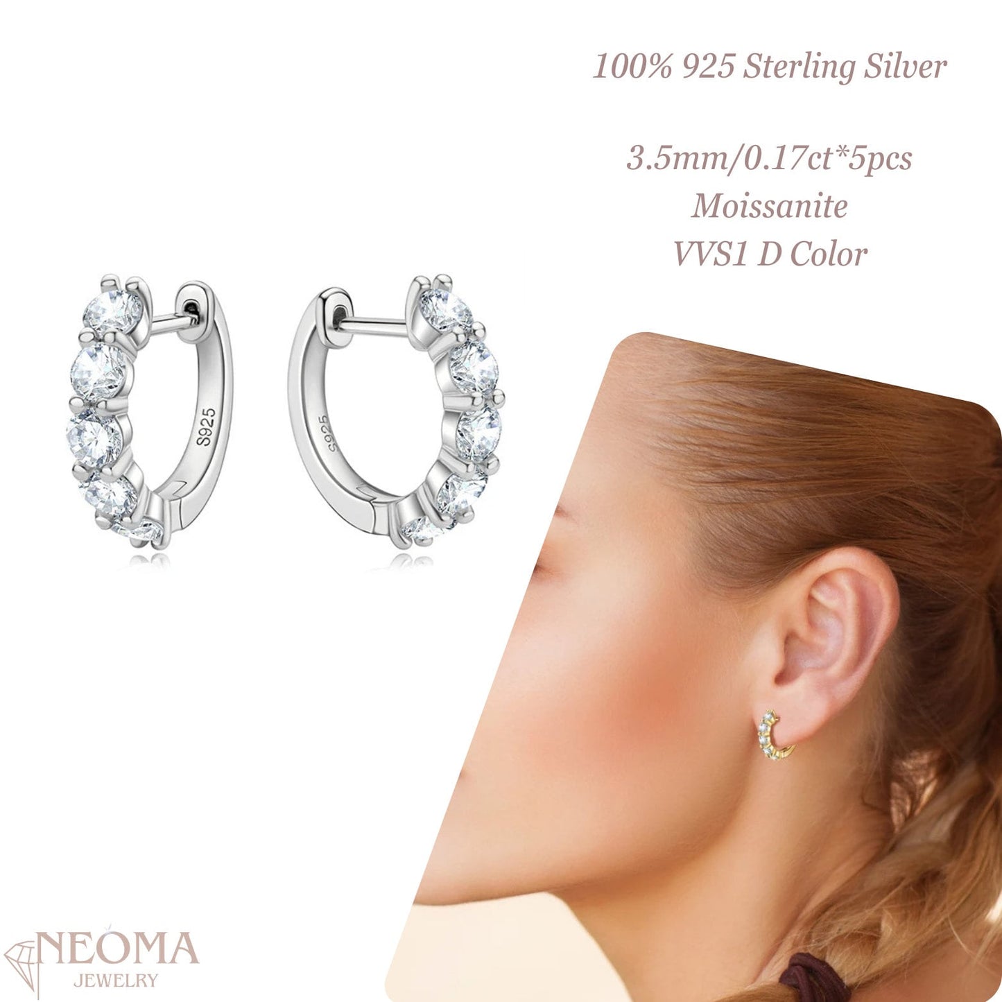 Pavé Set Moissanite Huggie Hoop Earrings with 5 Stone - SETUxNEOMA  