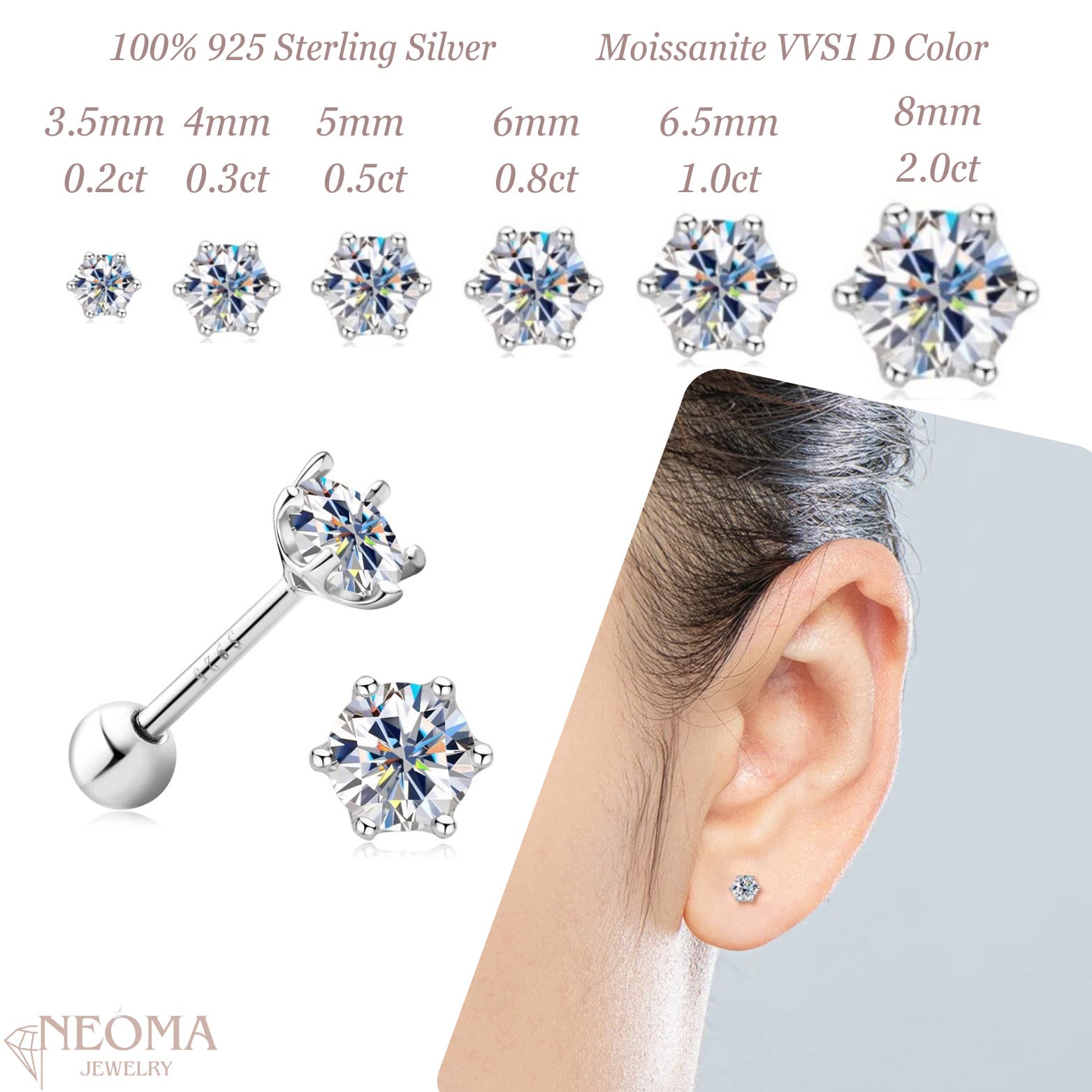  6 Prong Solitaire Moissanite Stud Earrings With Screw Back SETUxNEOMA