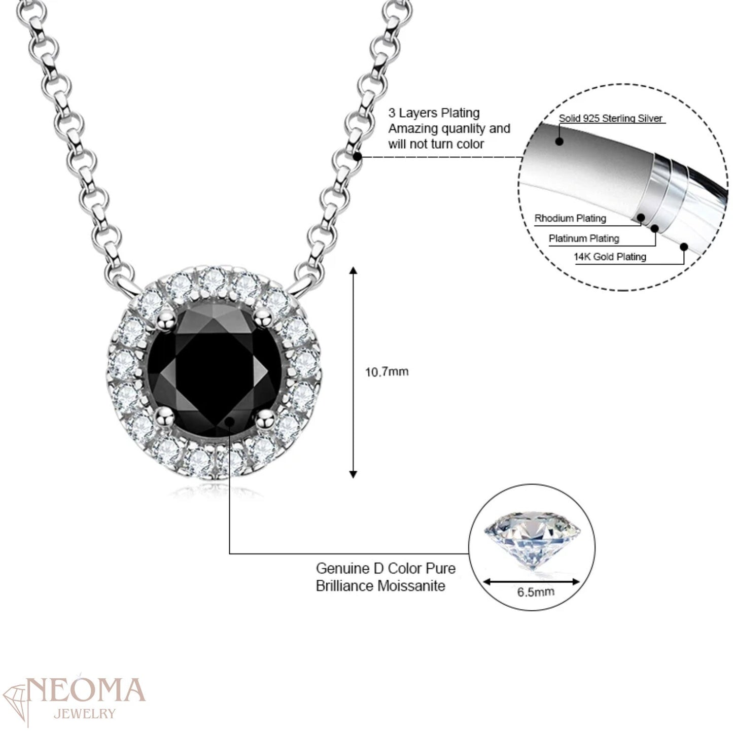 1 Carat Black Moissanite Solitaire Pendants Necklace - Halo Design - SETUxNEOMA  