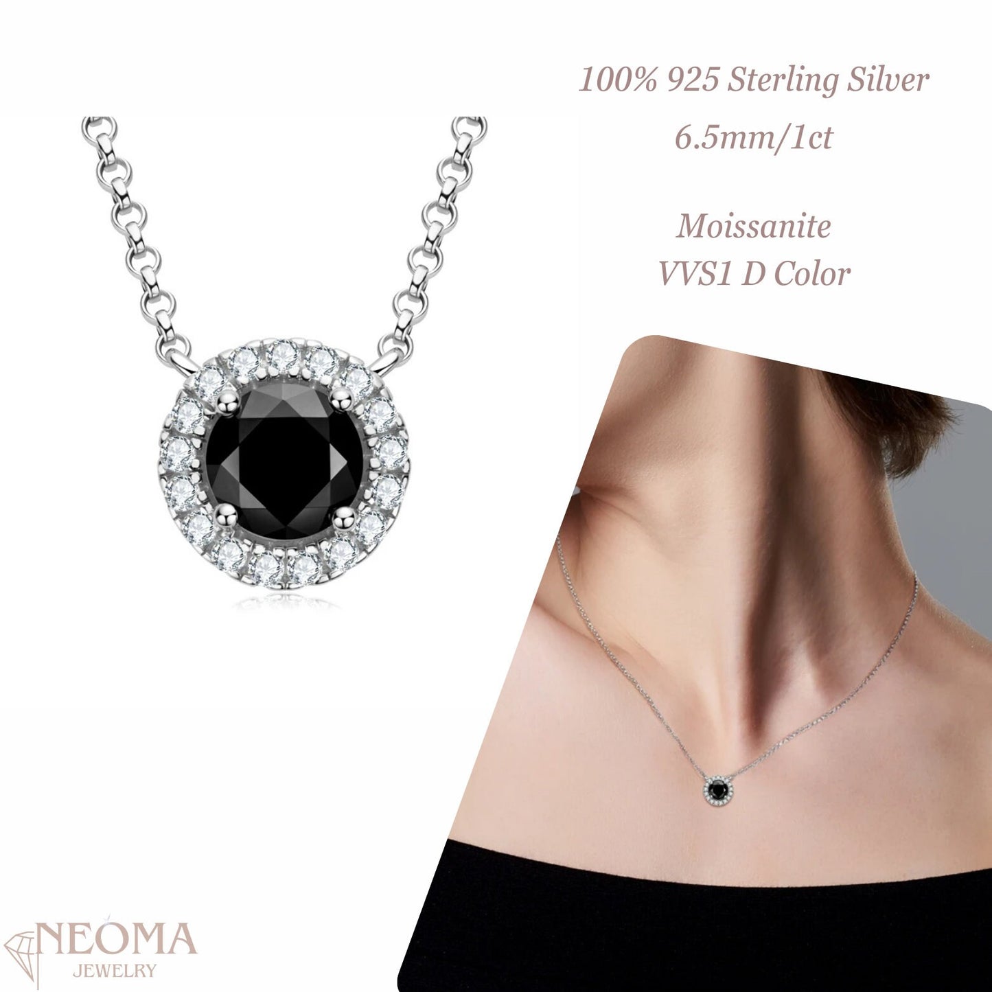 1 Carat Black Moissanite Solitaire Pendants Necklace - Halo Design - SETUxNEOMA  