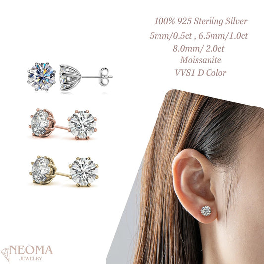 Delicate Moissanite Studs Earrings in 925 Sterling Silver, 8 Prong Set Round Studs - SETUxNEOMA  