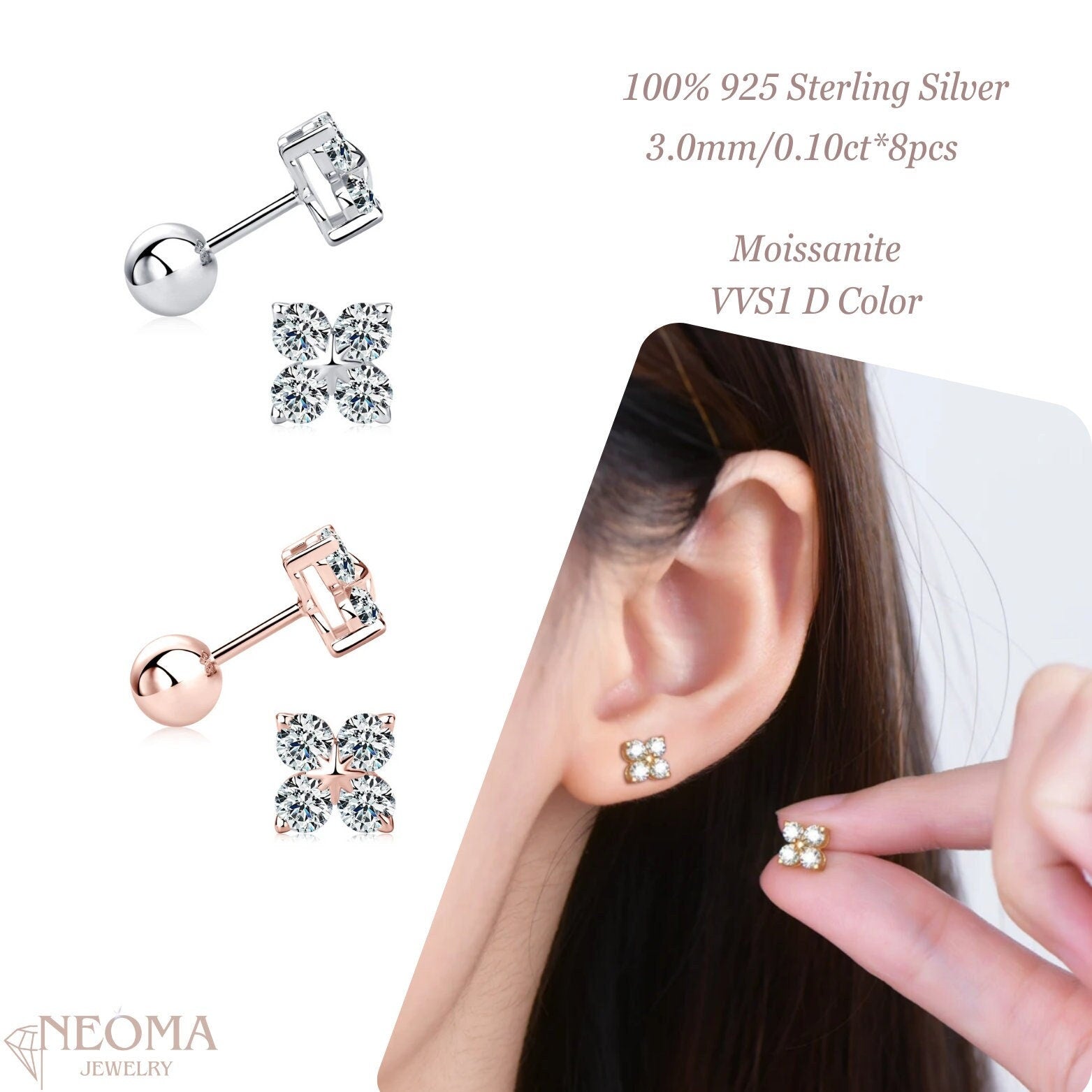 Lucky Four Leaf Clover Stud Earrings with 4 Round Cut Moissanite Stones - SETUxNEOMA  