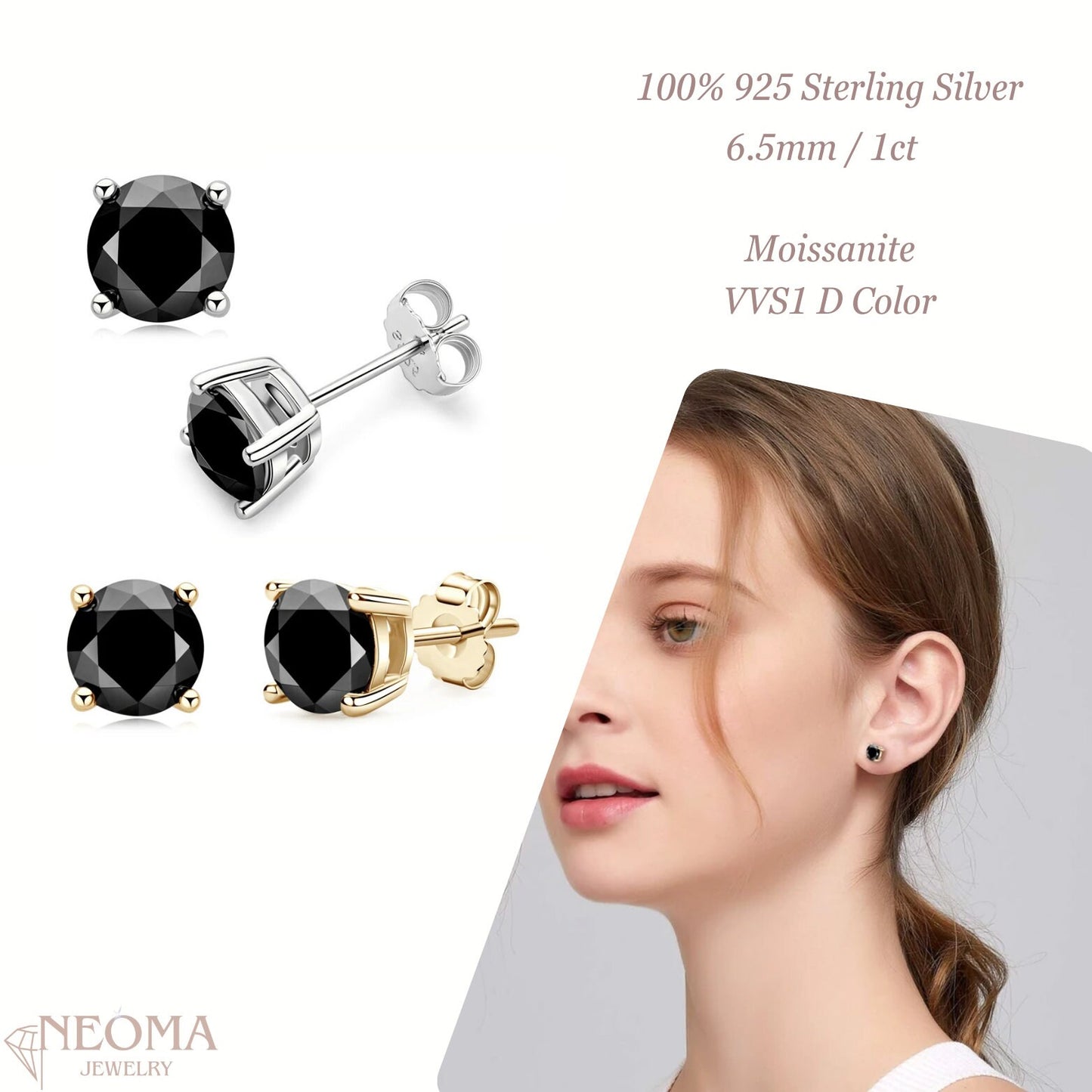 VVS1 Black Moissanite Stud Earrings | Black Lab-Grown Diamond Jewelry