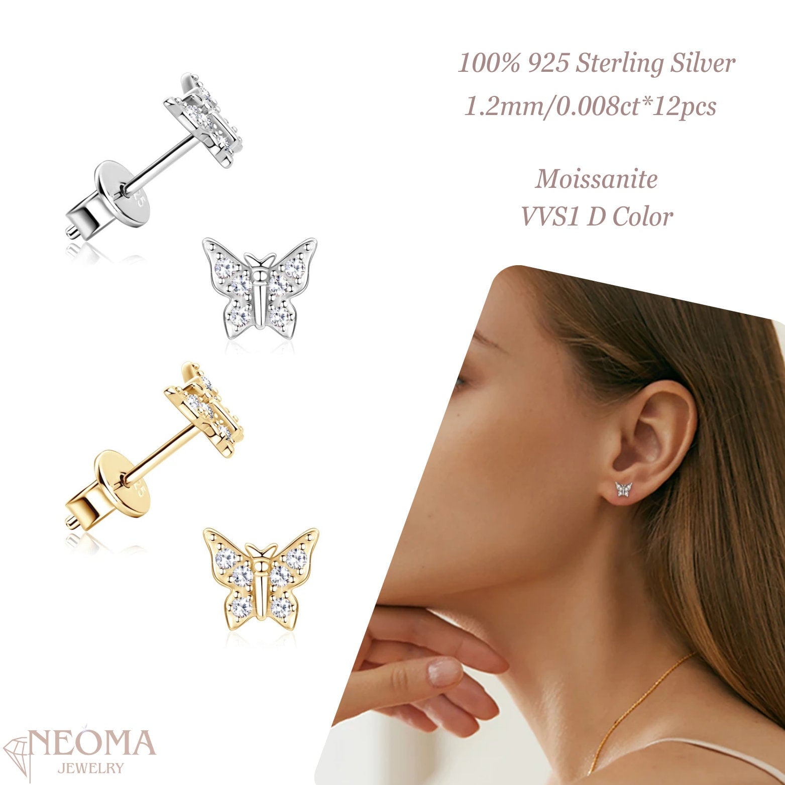  Moissanite Butterfly Stud Earrings in 925 Sterling Silver SETUxNEOMA