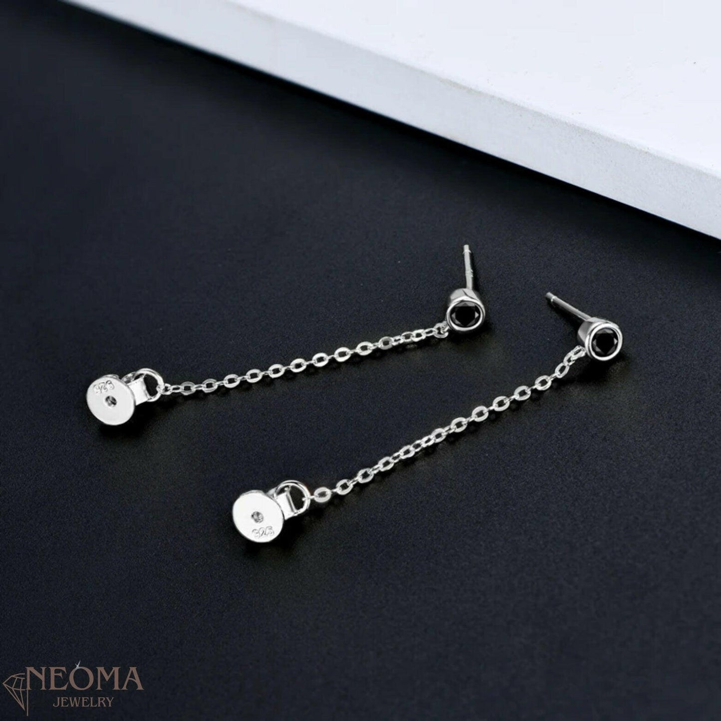  Moissanite Tiny Chain Stud Earrings in 925 Sterling Silver, White and Black Stones SETUxNEOMA