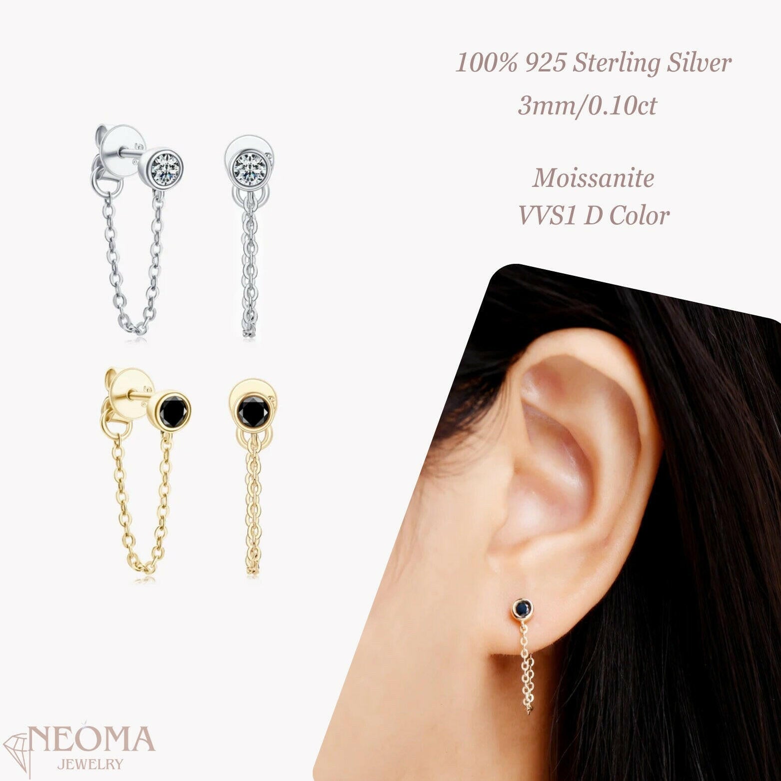  Moissanite Tiny Chain Stud Earrings in 925 Sterling Silver, White and Black Stones SETUxNEOMA