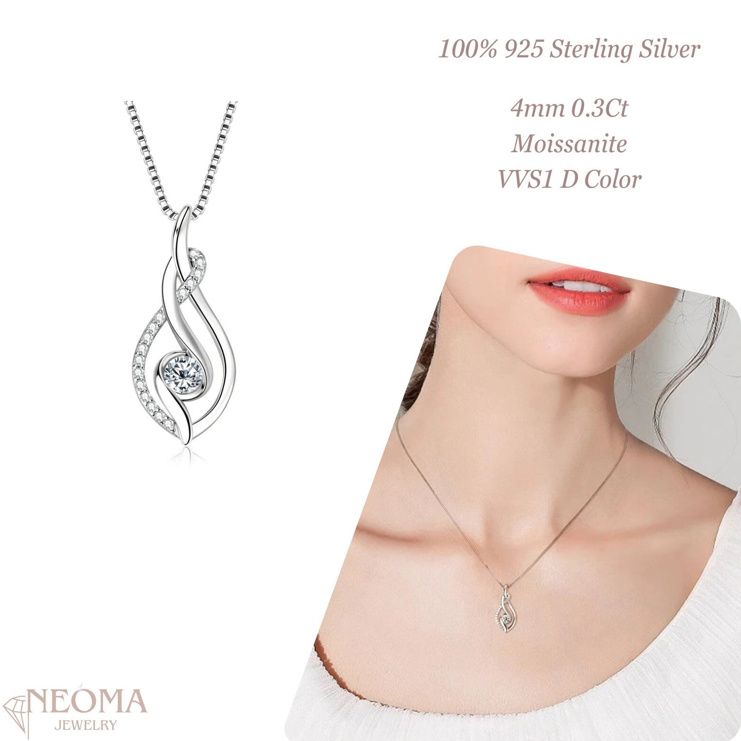  GRA Certified Moissanite Diamond 925 Sterling Silver Twist Leaf Pendant Necklace SETUxNEOMA