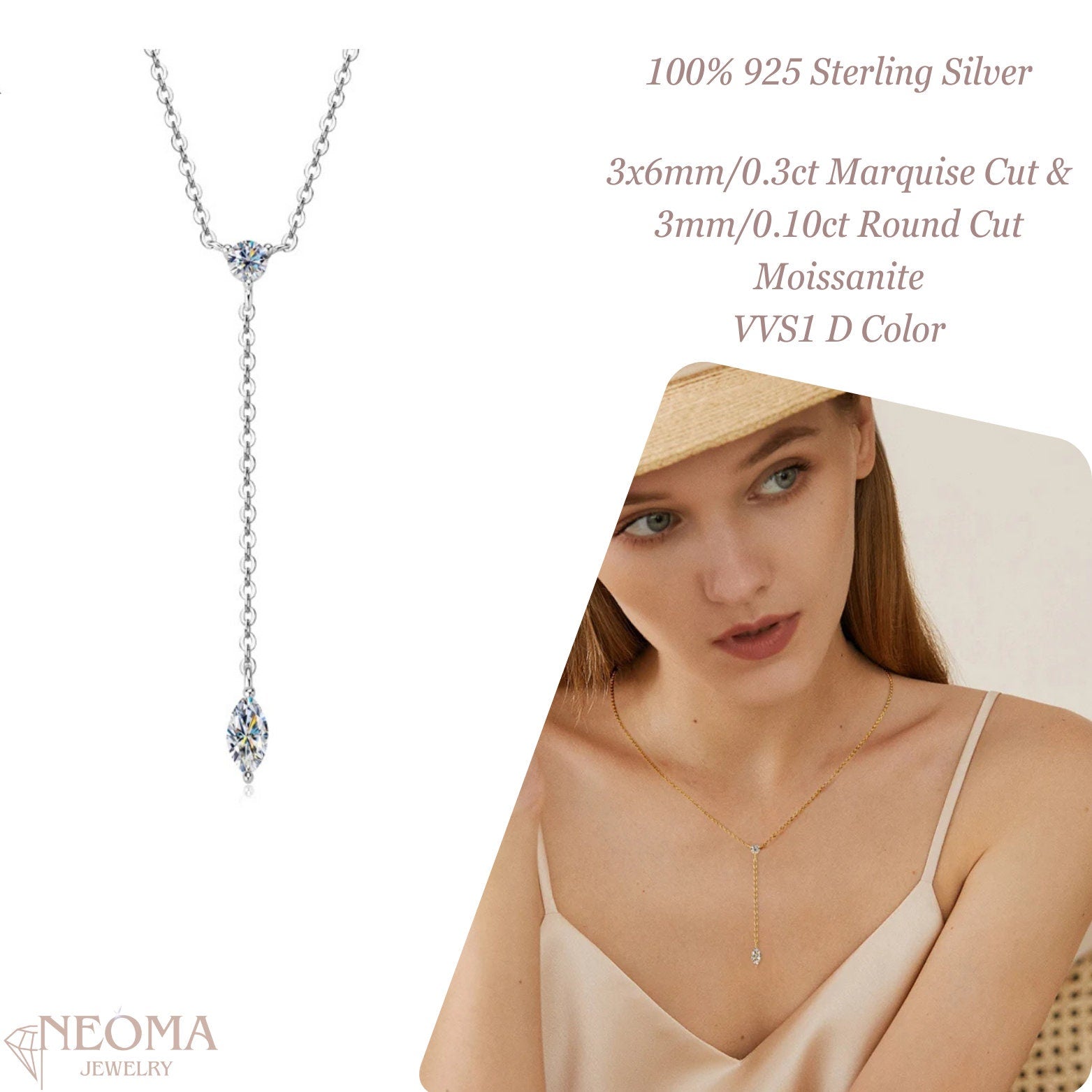 Moissanite Marquise Pendant Necklace - Y Shape Chain Necklace - SETUxNEOMA  