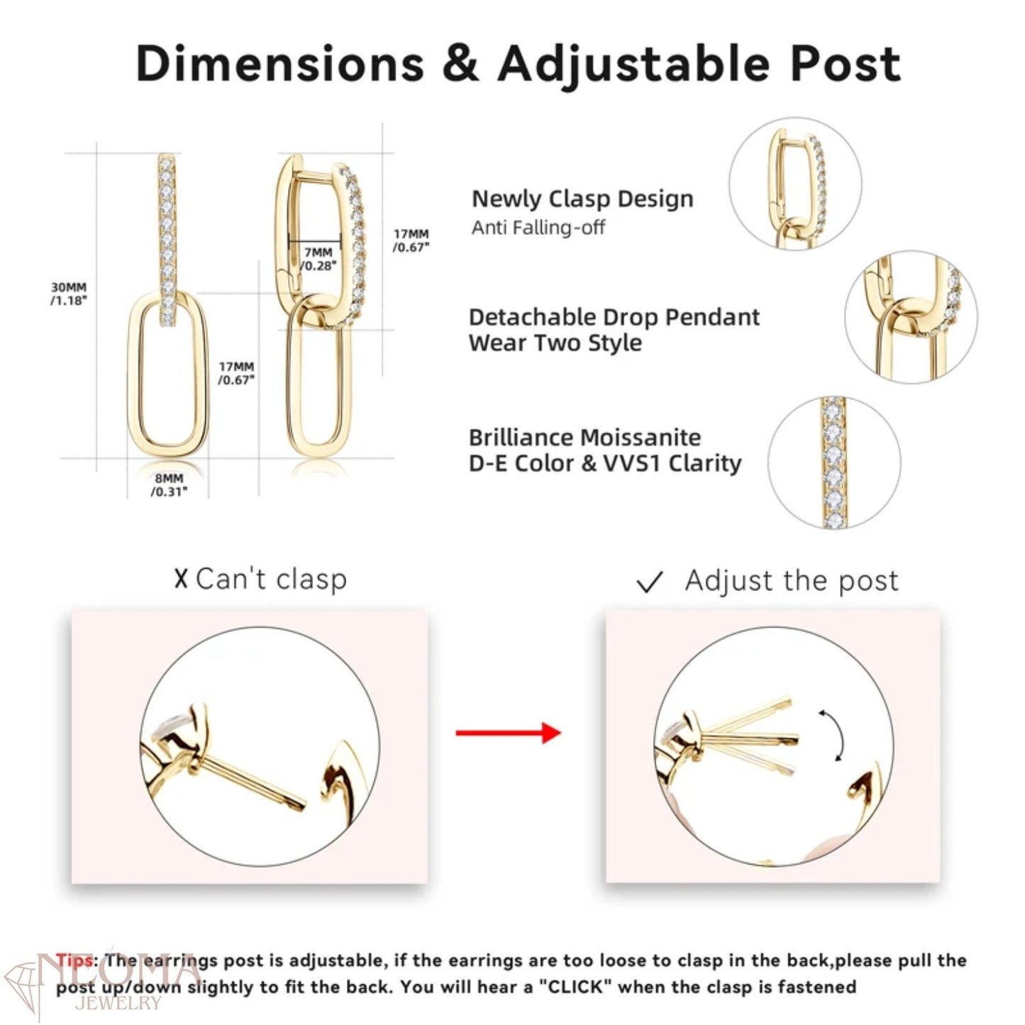  Moissanite Paperclip Drop Link Earrings - Detachable Hoops SETUxNEOMA