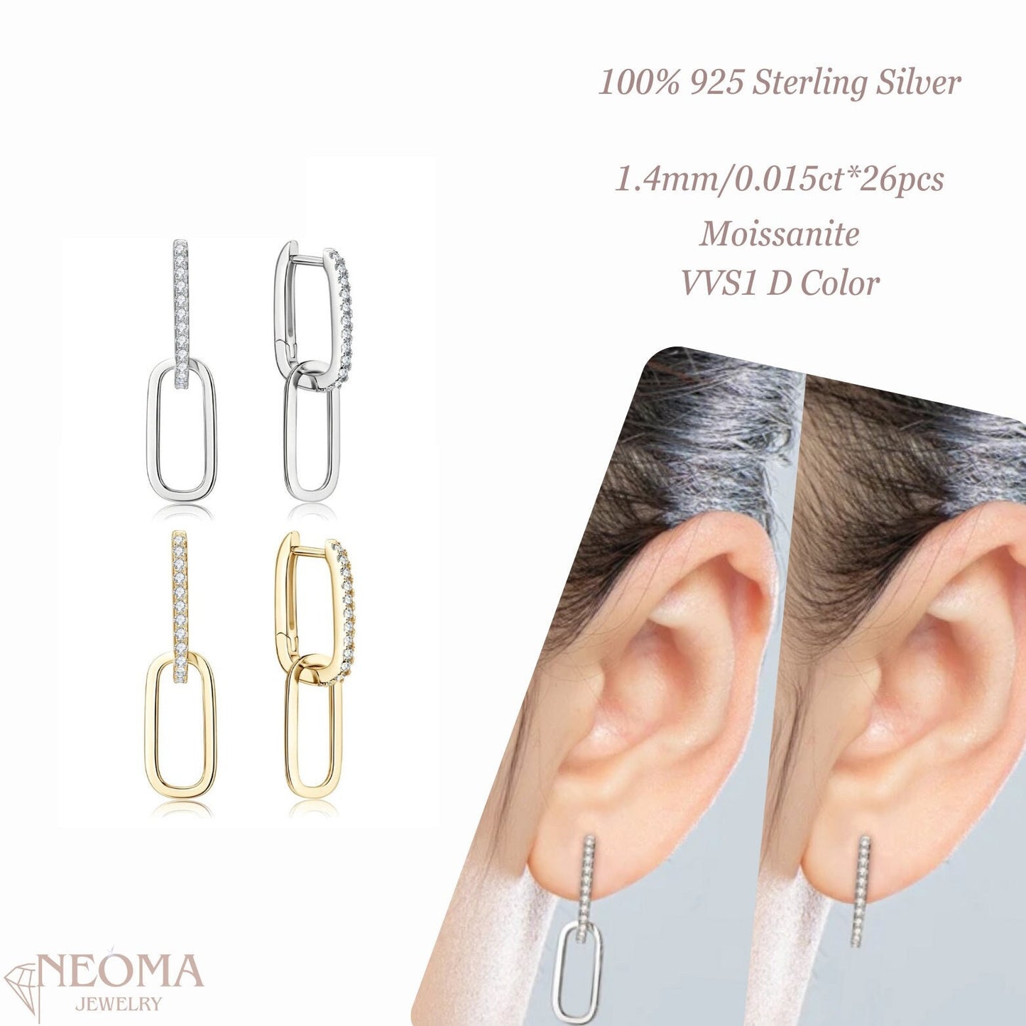  Moissanite Paperclip Drop Link Earrings - Detachable Hoops SETUxNEOMA