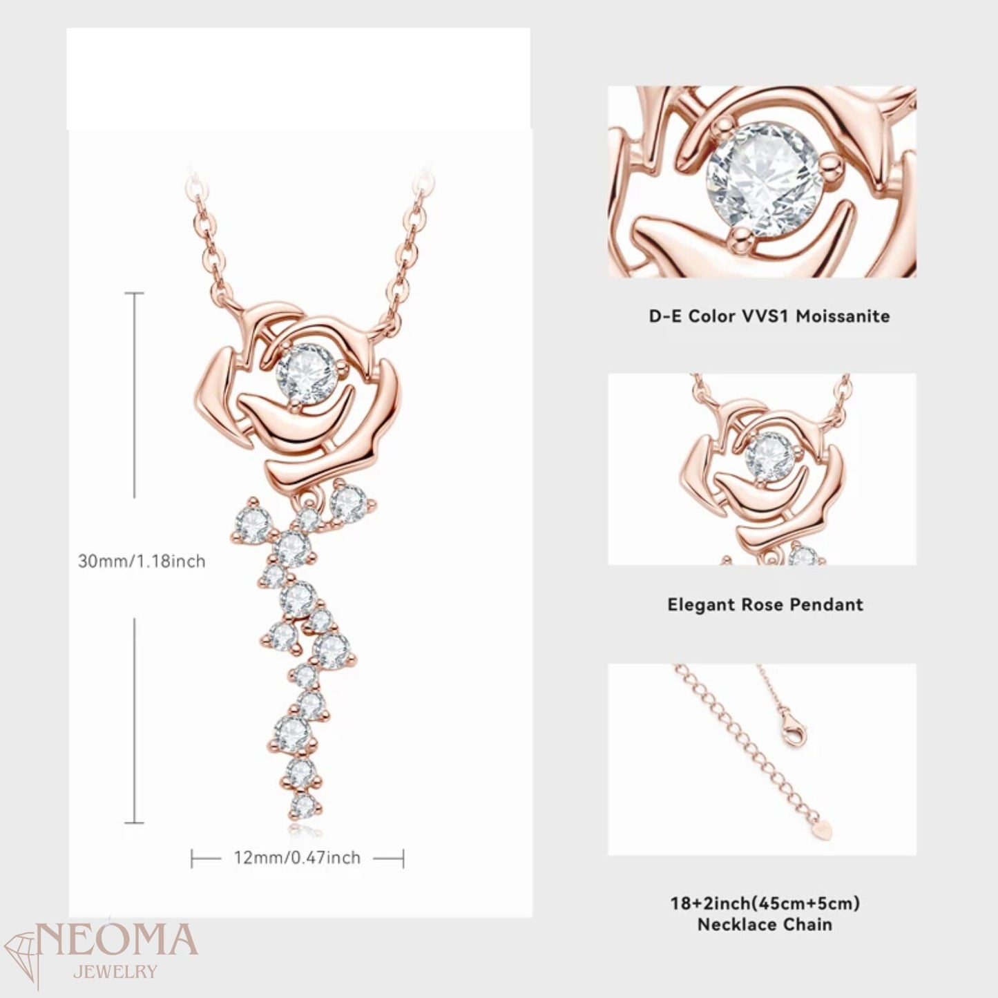 Moissanite Rose Flower Pendant Necklace in 925 Sterling Silver - SETUxNEOMA  