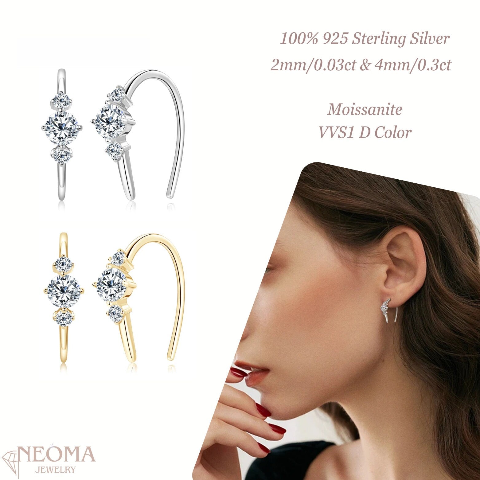  Moissanite Open Hoop Earrings, U-shaped Earrings in 925 Sterling Silver SETUxNEOMA