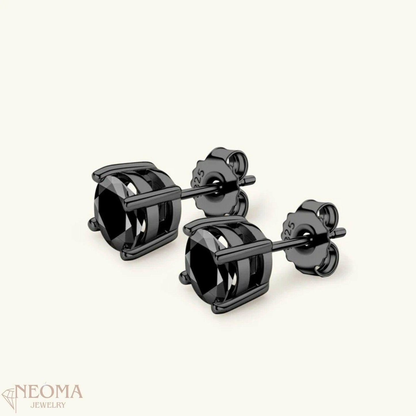  Natural Black Agate Stud Earrings in 925 Sterling Silver SETUxNEOMA