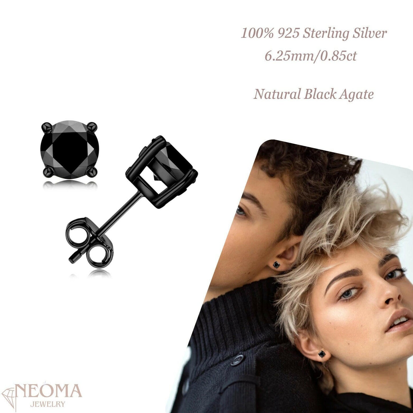  Natural Black Agate Stud Earrings in 925 Sterling Silver SETUxNEOMA