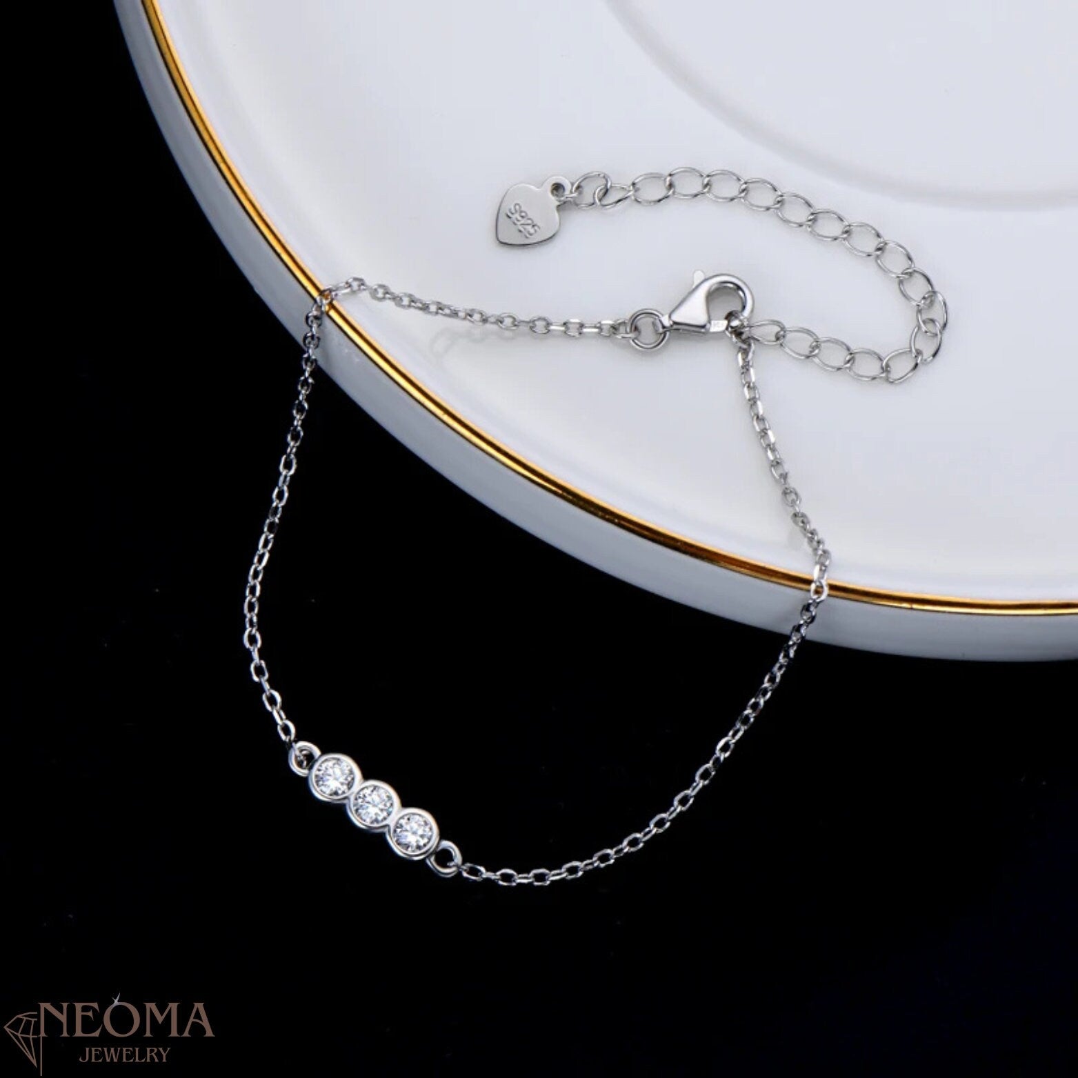 Three Stone Moissanite Bracelet - 925 Sterling Silver Chain Bracelet - SETUxNEOMA  