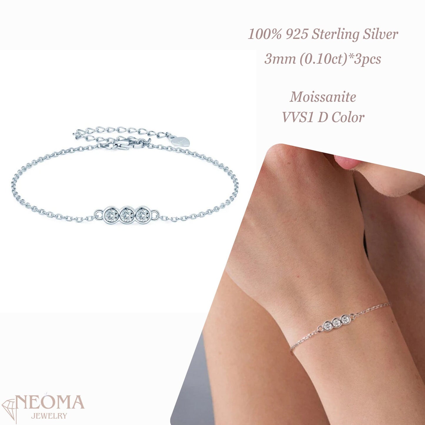 Three Stone Moissanite Bracelet - 925 Sterling Silver Chain Bracelet - SETUxNEOMA  