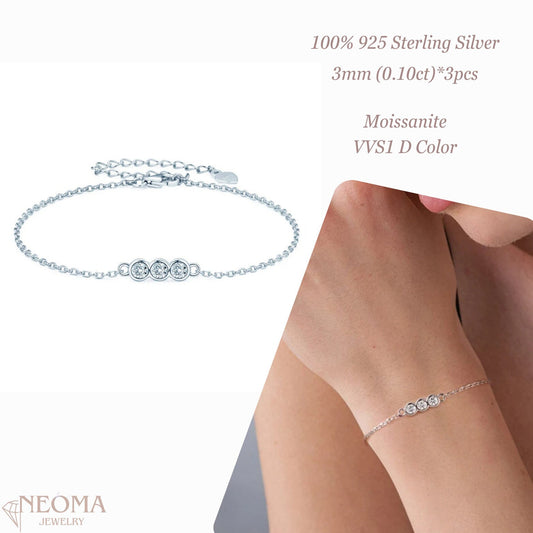 Three Stone Moissanite Bracelet - 925 Sterling Silver Chain Bracelet - SETUxNEOMA  