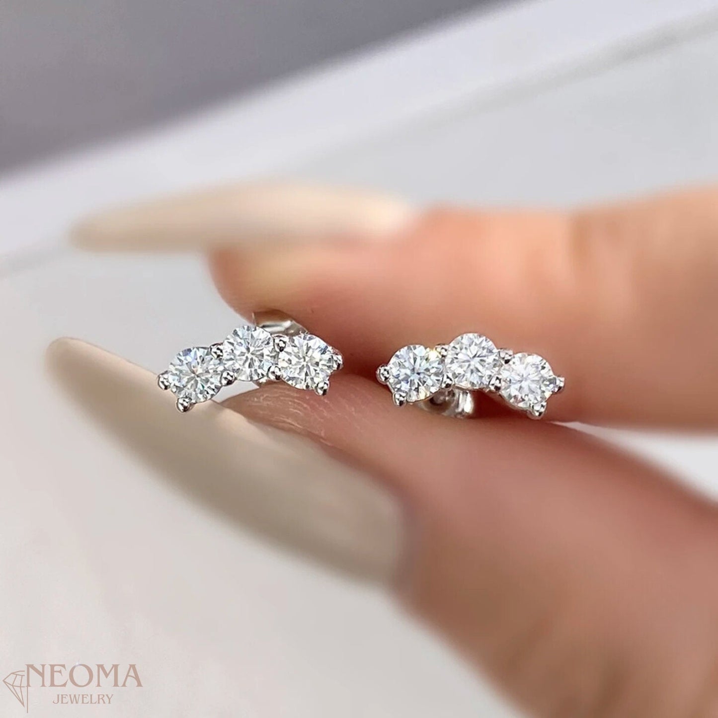 Elegant Stud Earrings With Three Round Cut Moissanite Stones - SETUxNEOMA  