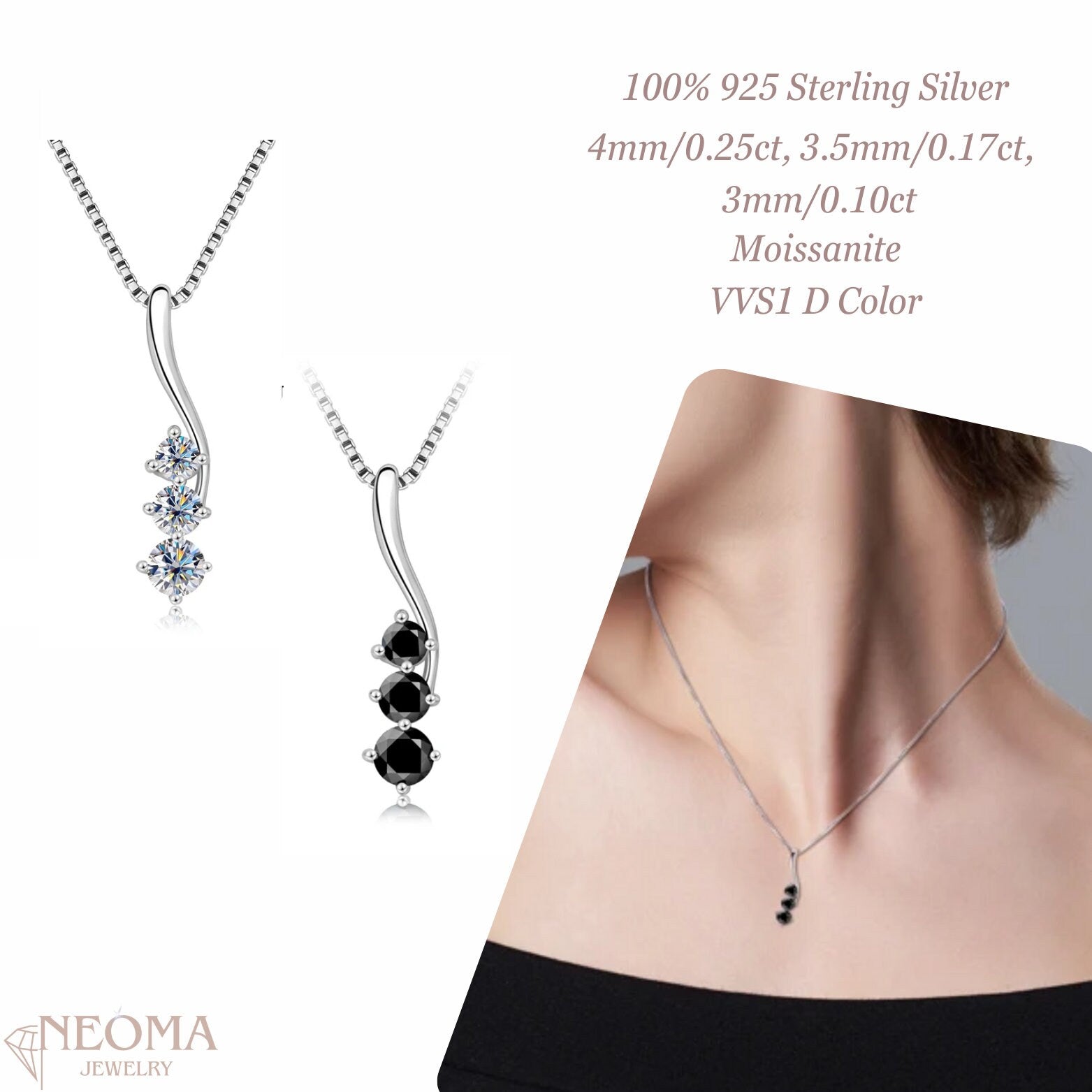 Three Stones Moissanite Pendant Necklace - Wave Design - SETUxNEOMA  