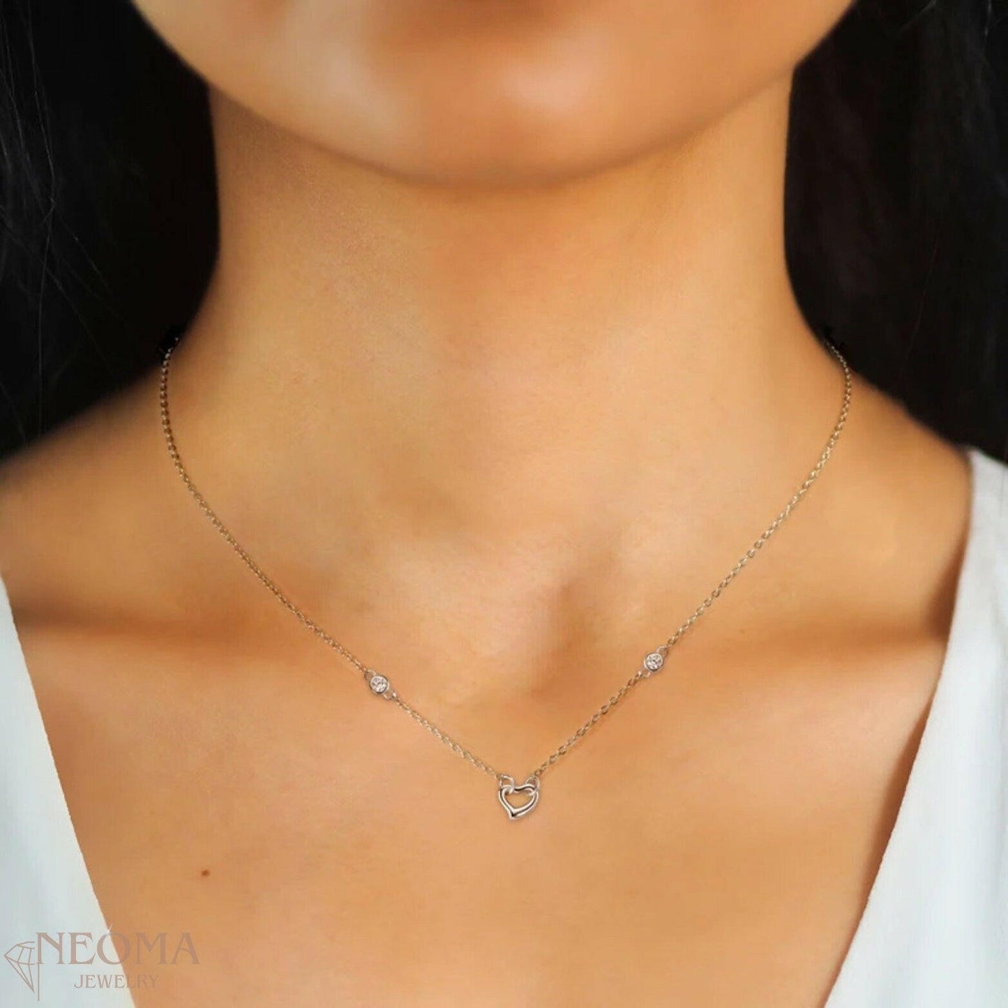 Two Stone Moissanite Pendant Necklace - Dainty Small Heart Choker - SETUxNEOMA  