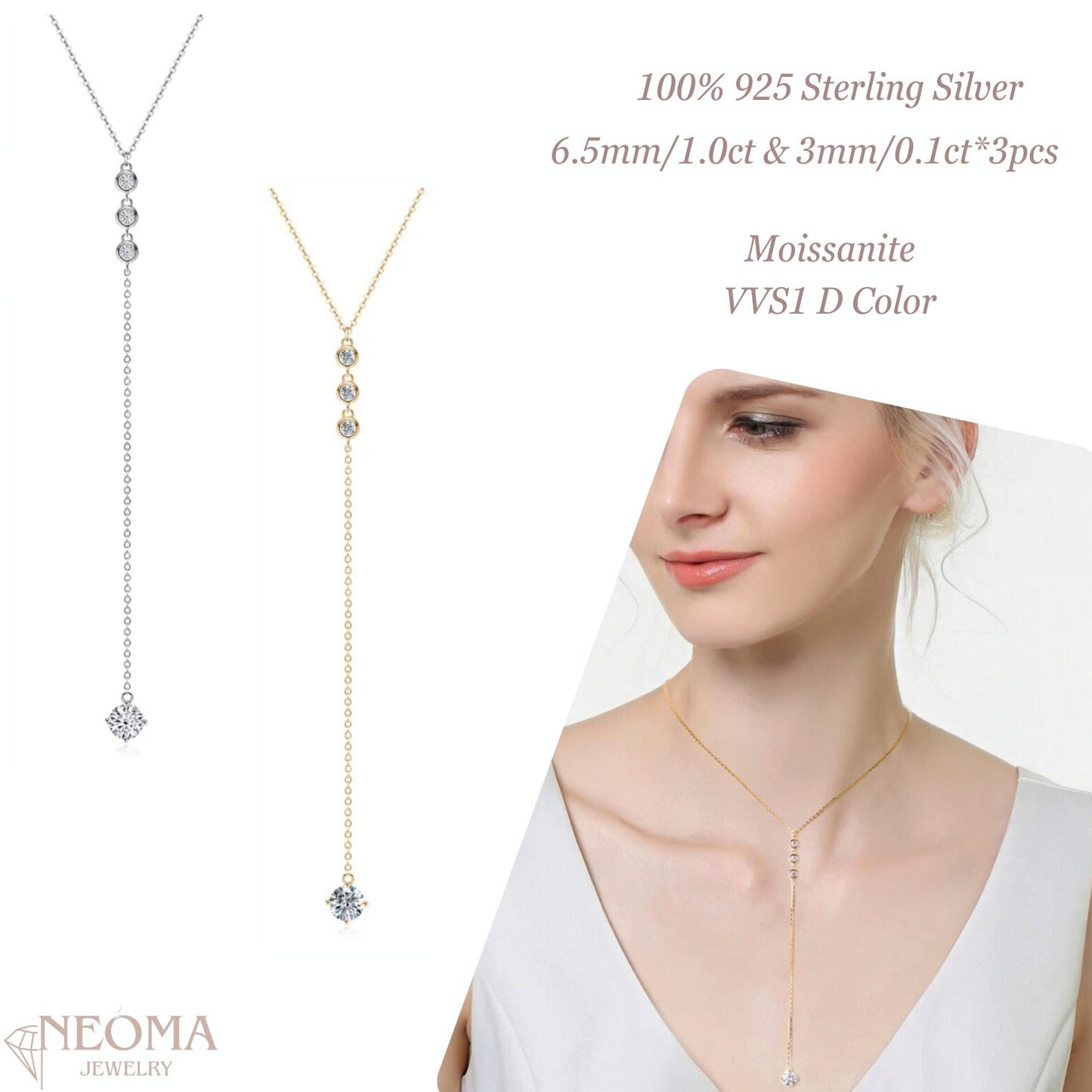  Y Shape Moissanite Lariat Pendant Necklace in Sterling Silver SETUxNEOMA